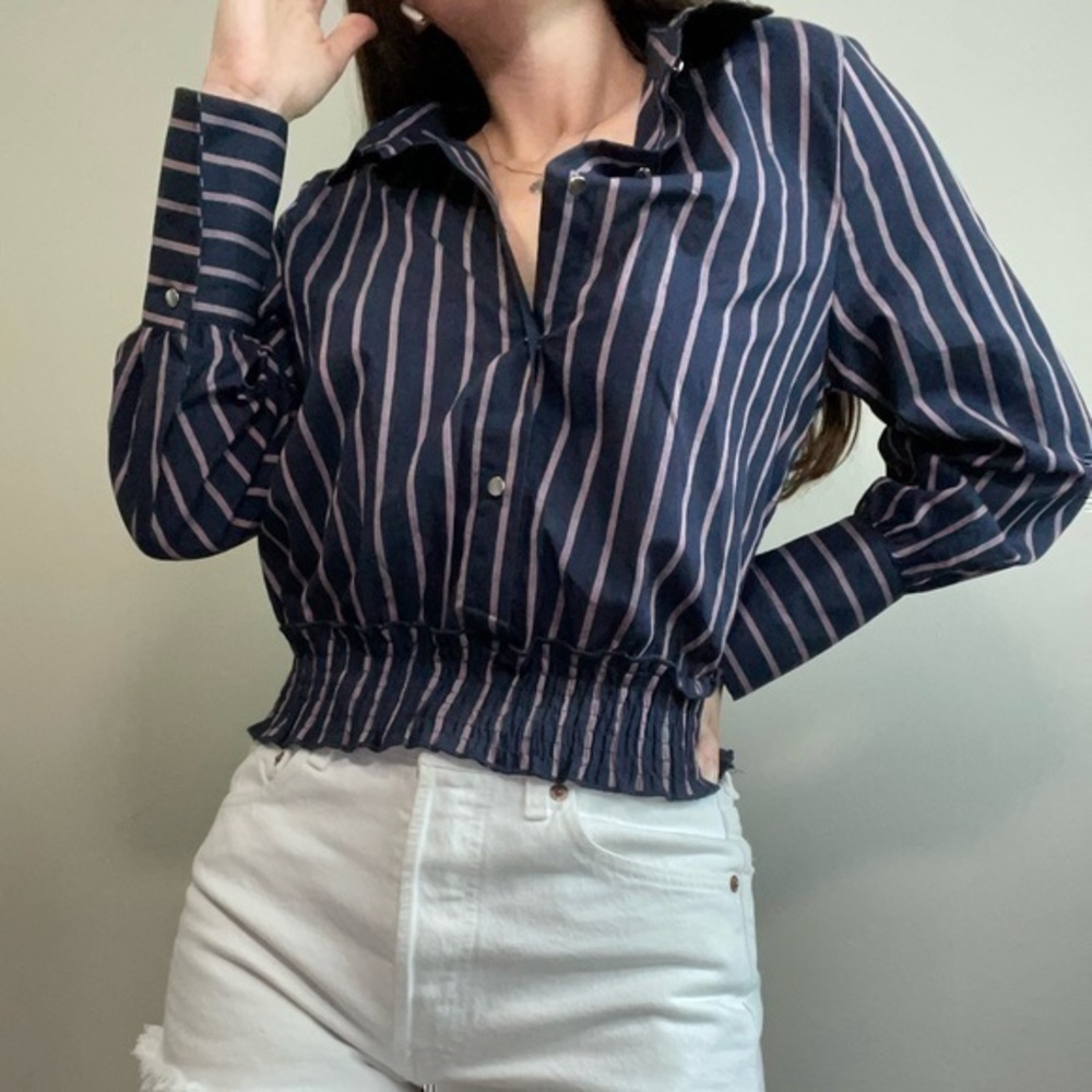Haute Monde Striped Collared Button Front Smocked Crop Top